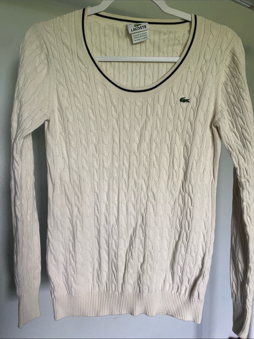 Lacoste Cream Cable Scoop Neck Sweater with Contrast Trim